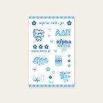 Up close photo showing a sheet of nine Alpha Delta Pi stickers along with 13 flowers and stars all in different shades of blue