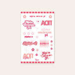 Up close photo showing a sheet of nine Alpha Omicron Pi stickers along with 13 flowers and stars all in different shades of red, light pink and peach