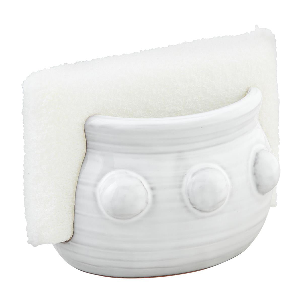 Photo of our Glazed terracotta sponge holder with raised bead detail in white