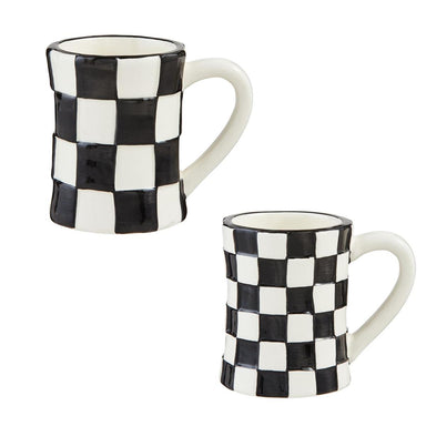 Photo of our checkered mugs. The large one has a large black and white checkered pattern.