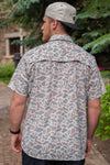 Photo of the back of this deer camo print fishing shirt showing the cape back mesh along the top of the back of this shirt.